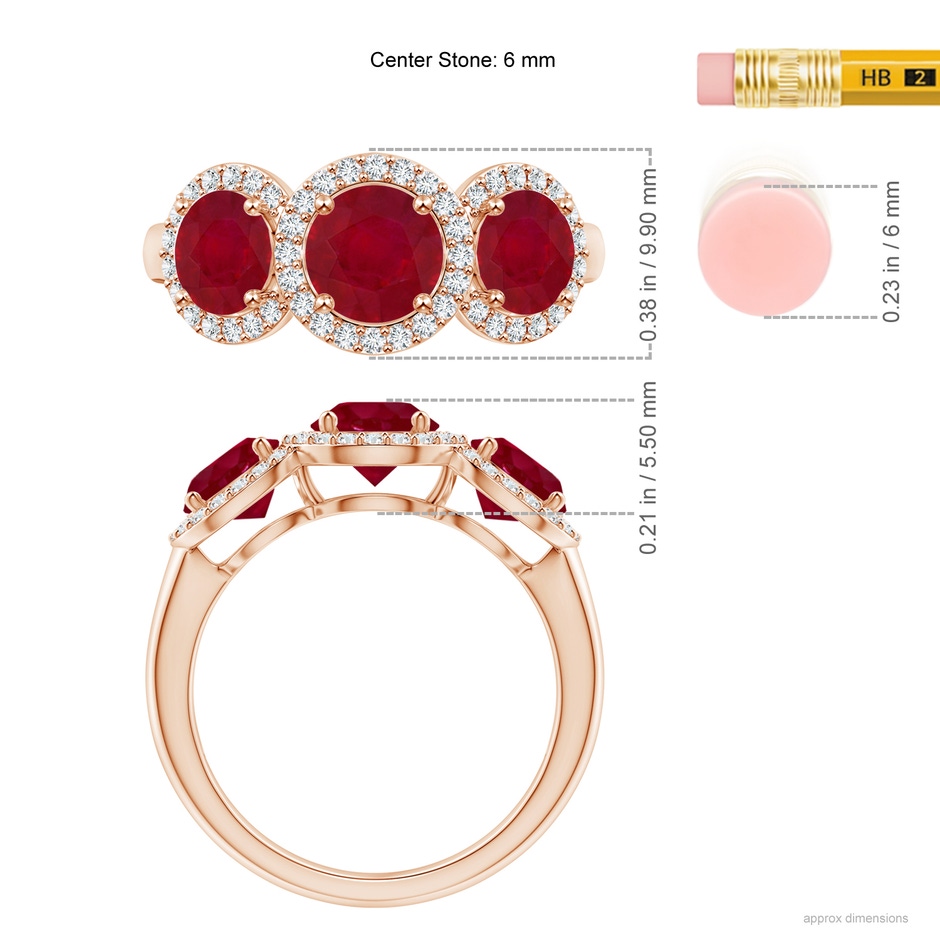 6mm AA Round Ruby Three Stone Halo Ring with Diamonds in Rose Gold ruler