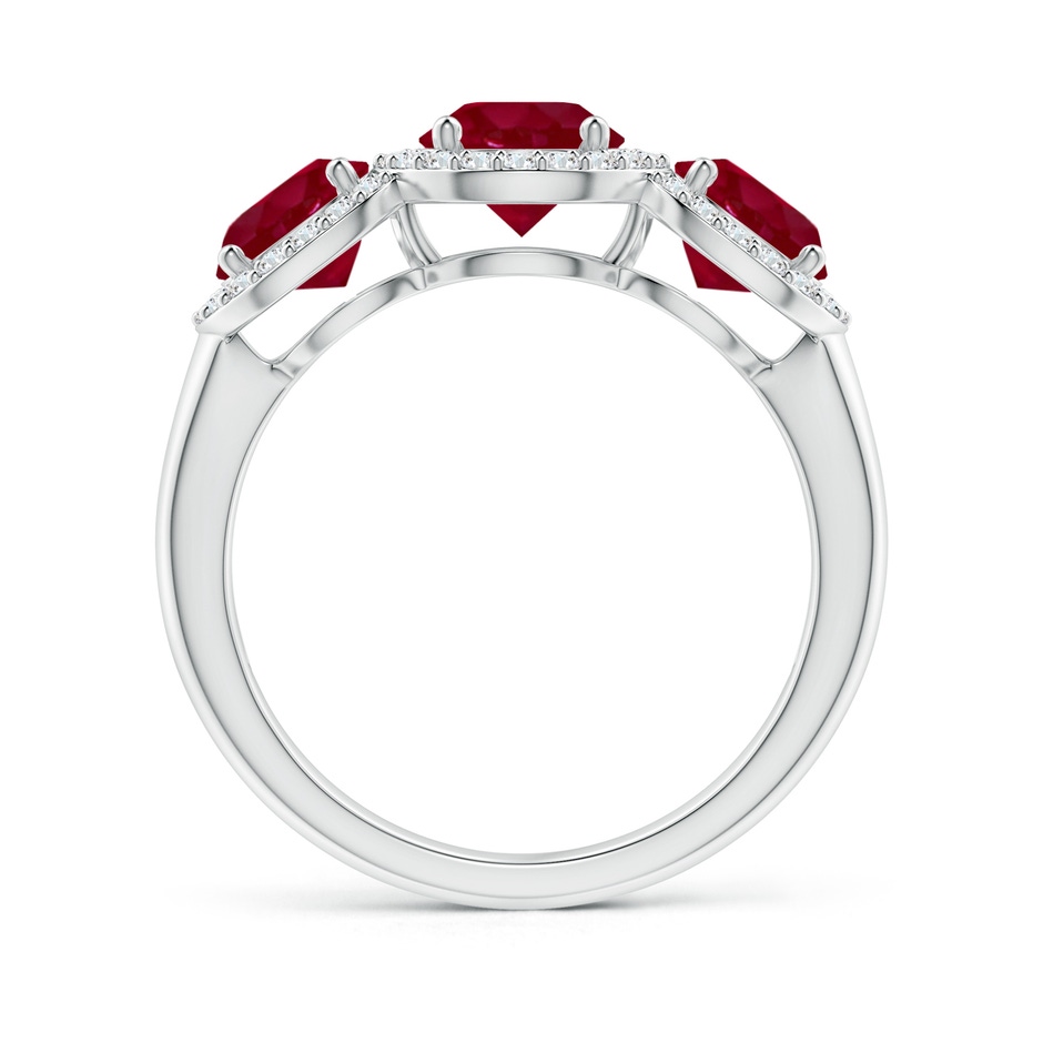 6mm AA Round Ruby Three Stone Halo Ring with Diamonds in White Gold side-1