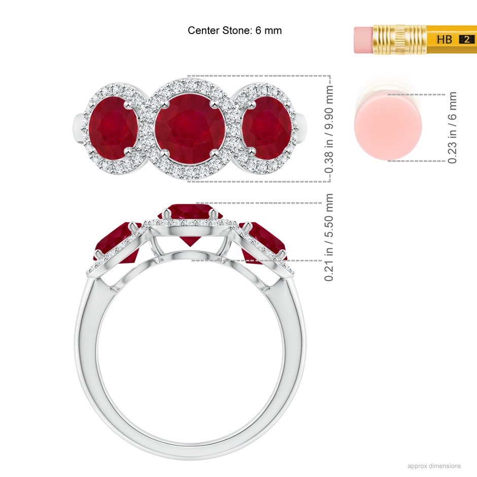 6mm AA Round Ruby Three Stone Halo Ring with Diamonds in White Gold ruler