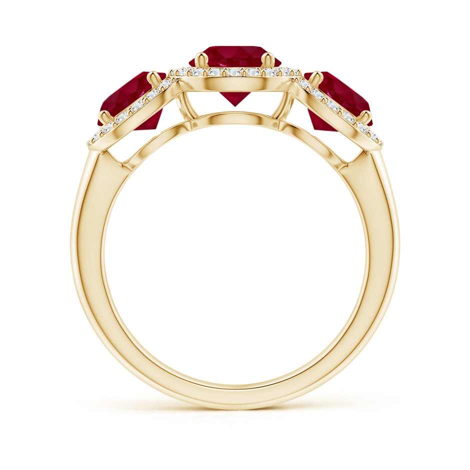 6mm AA Round Ruby Three Stone Halo Ring with Diamonds in Yellow Gold side-1