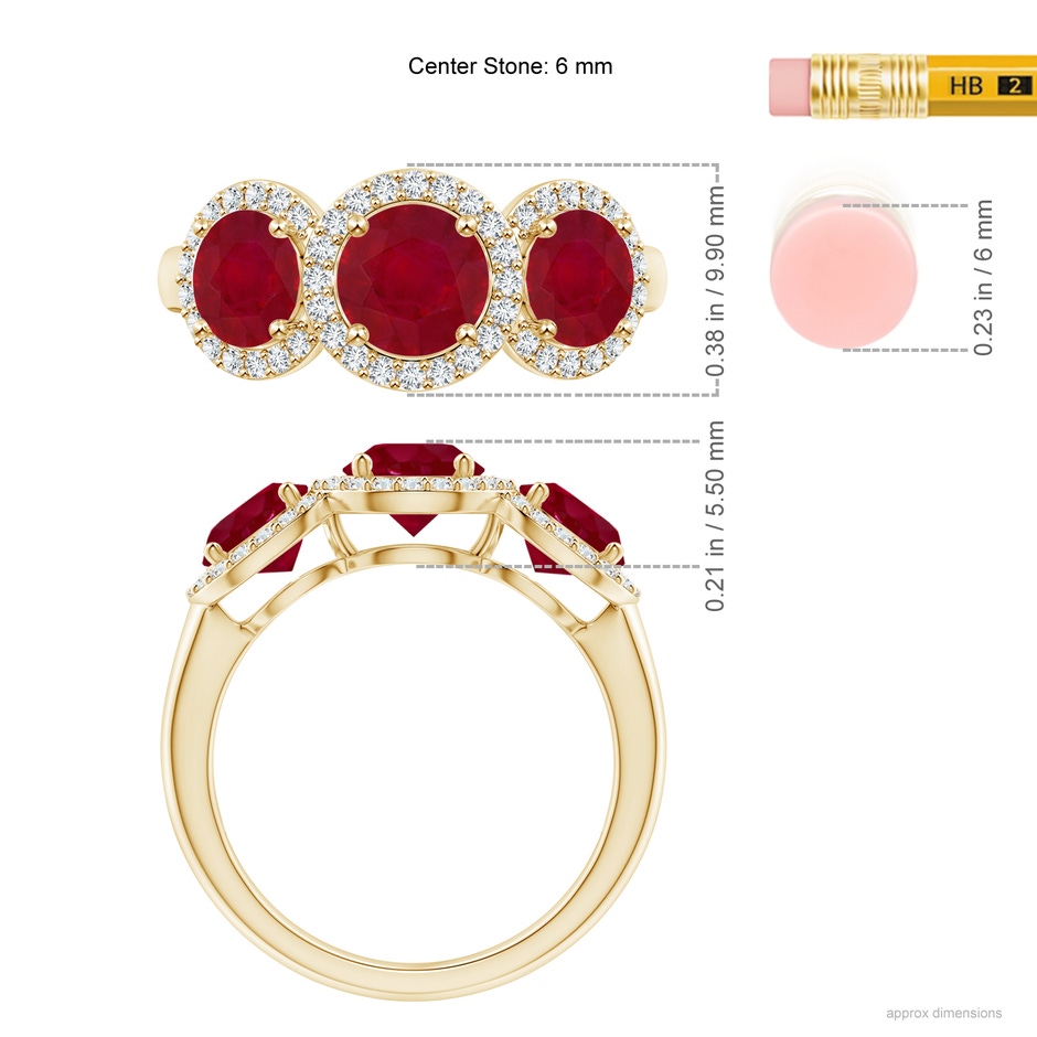 6mm AA Round Ruby Three Stone Halo Ring with Diamonds in Yellow Gold ruler