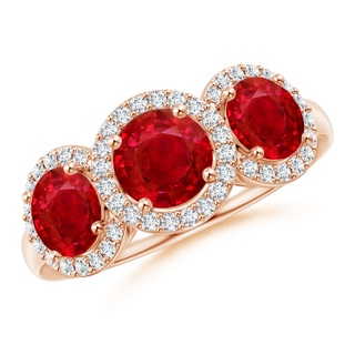 6mm AAA Round Ruby Three Stone Halo Ring with Diamonds in Rose Gold