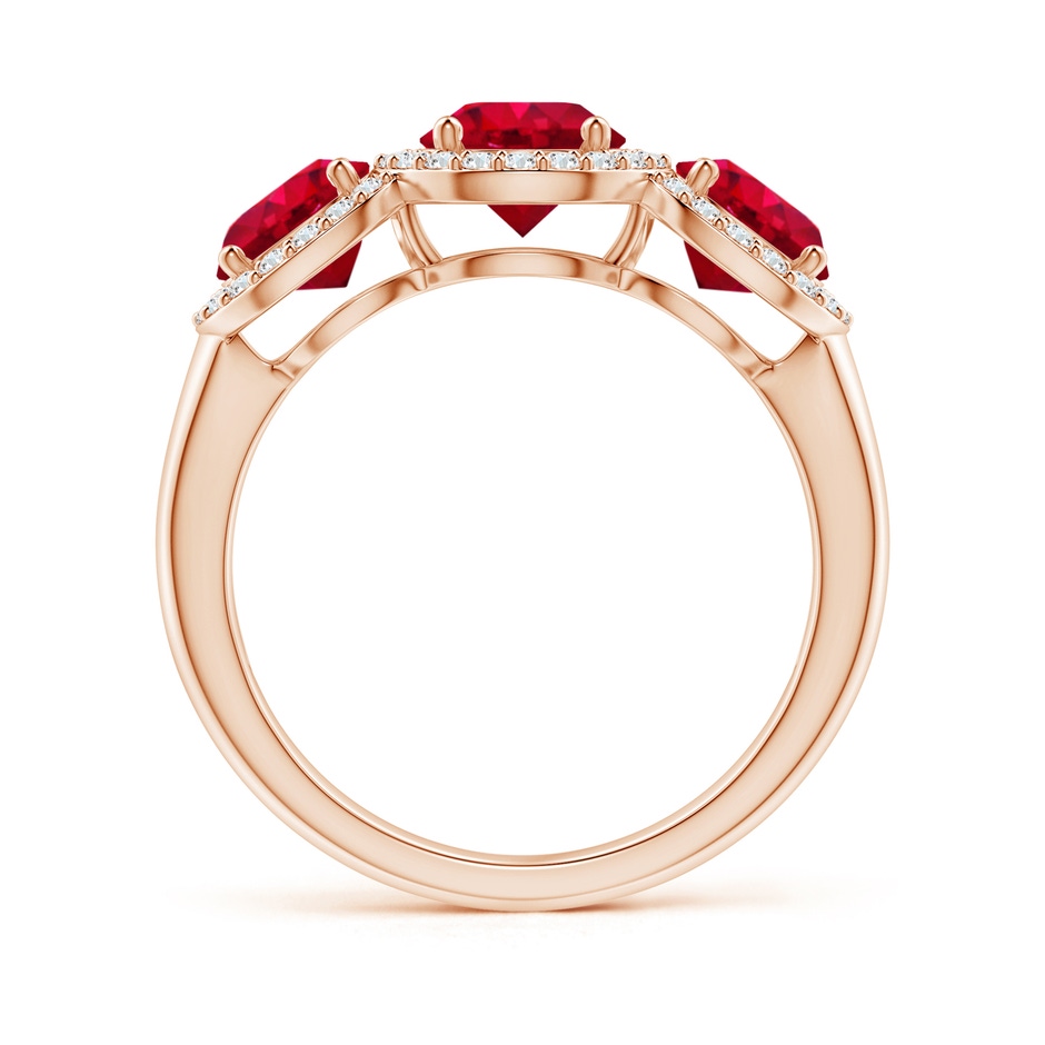 6mm AAA Round Ruby Three Stone Halo Ring with Diamonds in Rose Gold side-1