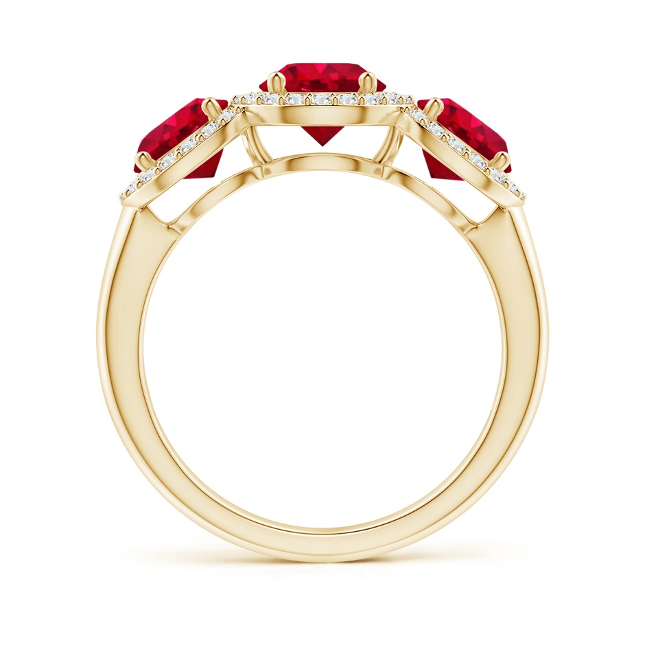 6mm AAA Round Ruby Three Stone Halo Ring with Diamonds in Yellow Gold side-1