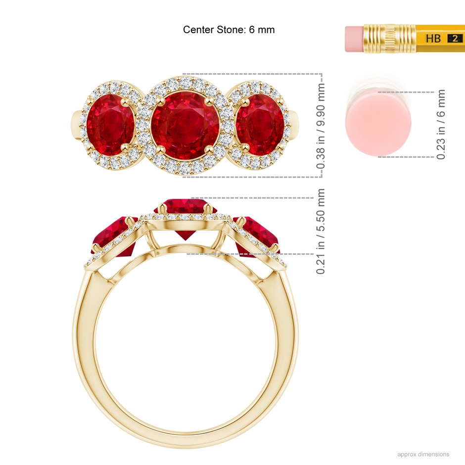 6mm AAA Round Ruby Three Stone Halo Ring with Diamonds in Yellow Gold ruler