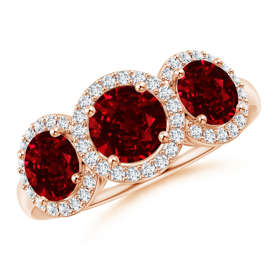 6mm AAAA Round Ruby Three Stone Halo Ring with Diamonds in Rose Gold 