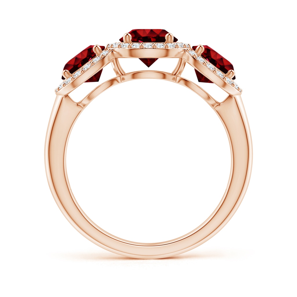 6mm AAAA Round Ruby Three Stone Halo Ring with Diamonds in Rose Gold Side-1
