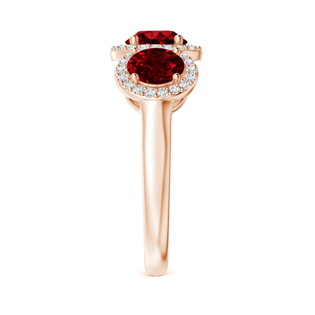 6mm AAAA Round Ruby Three Stone Halo Ring with Diamonds in Rose Gold Side-2