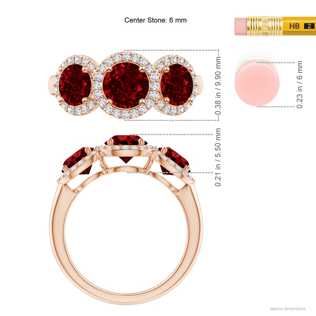 6mm AAAA Round Ruby Three Stone Halo Ring with Diamonds in Rose Gold Ruler