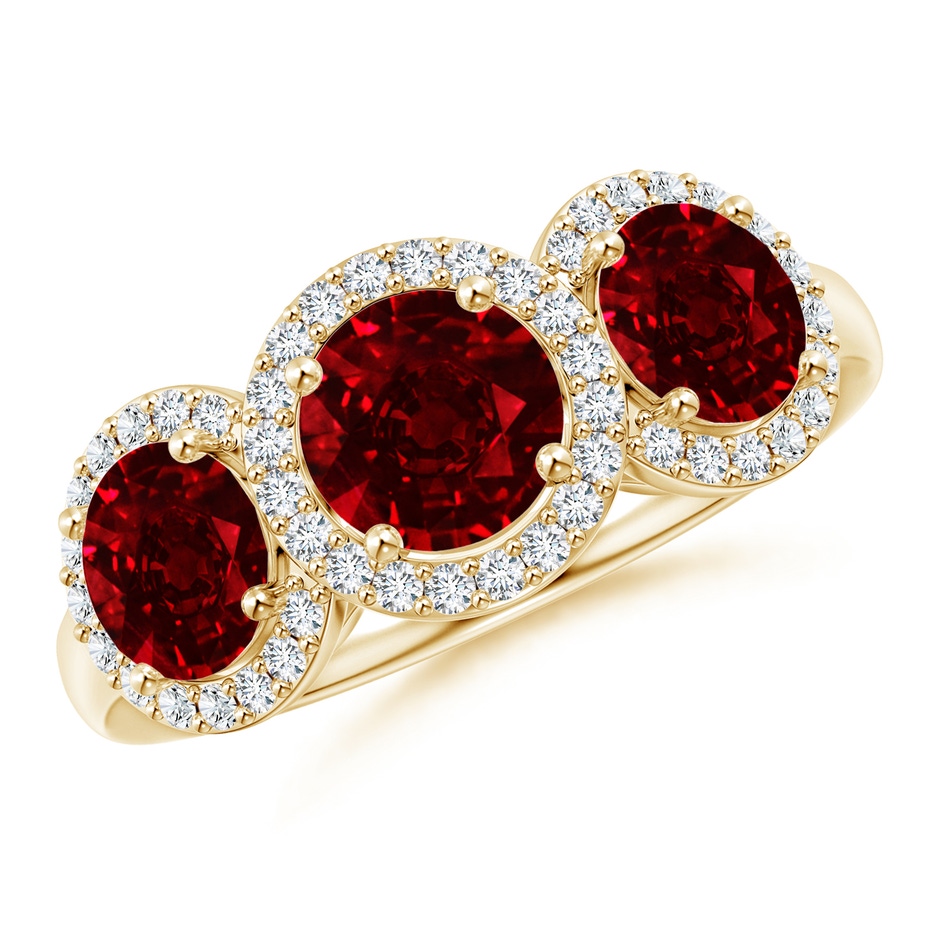 6mm AAAA Round Ruby Three Stone Halo Ring with Diamonds in Yellow Gold 