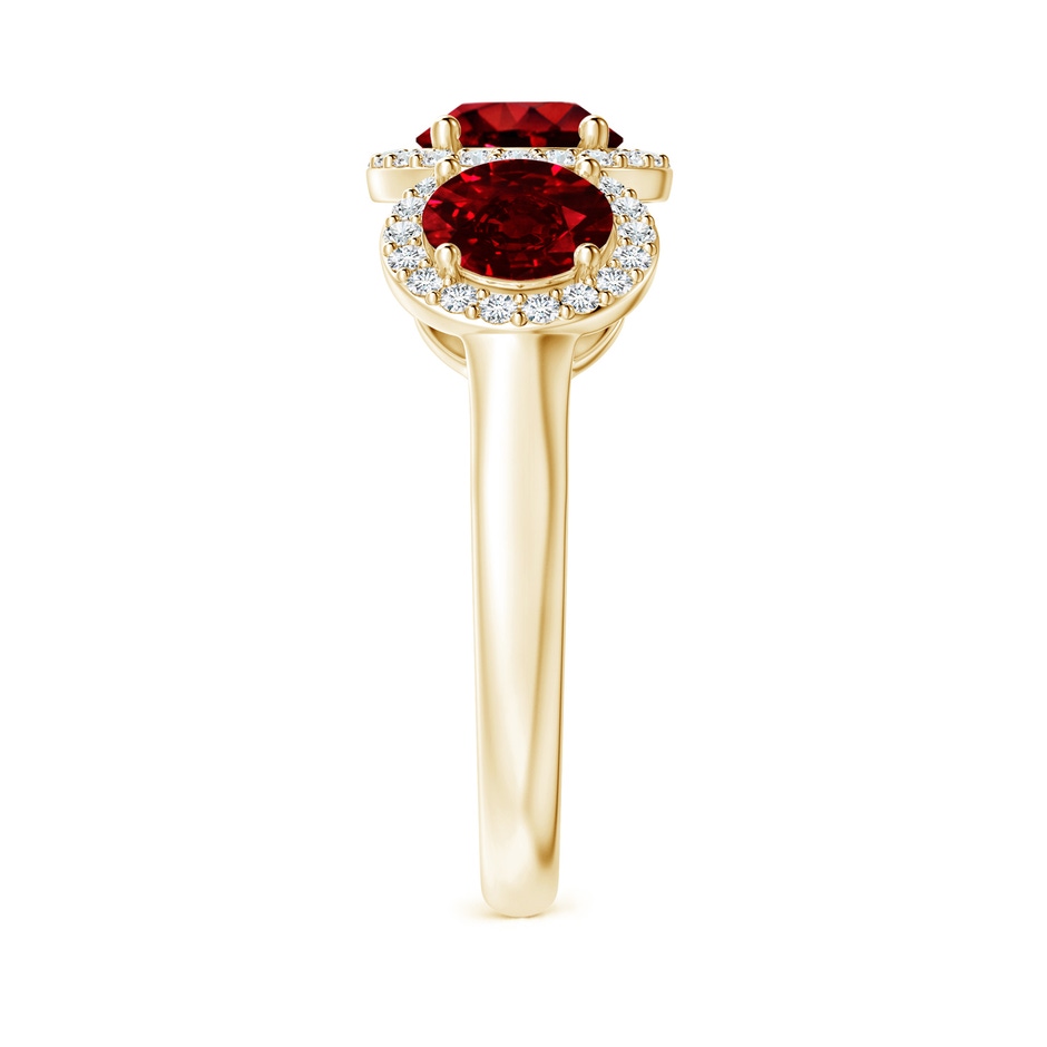 6mm AAAA Round Ruby Three Stone Halo Ring with Diamonds in Yellow Gold side-2