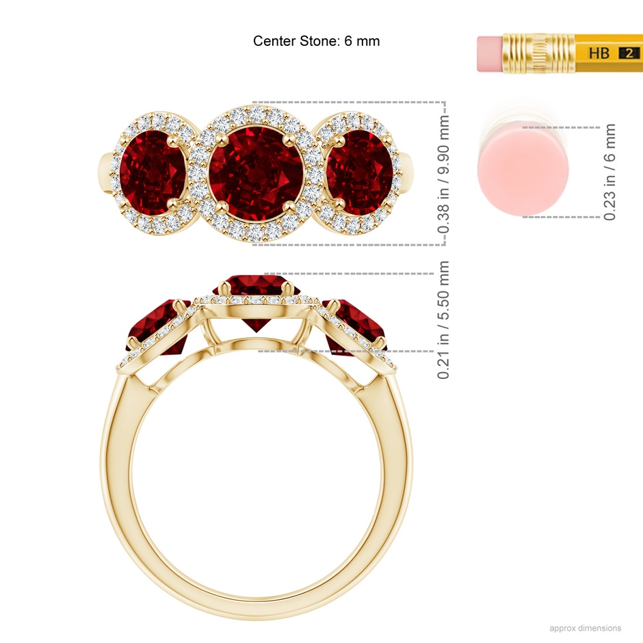 6mm AAAA Round Ruby Three Stone Halo Ring with Diamonds in Yellow Gold ruler