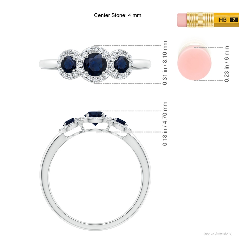4mm A Round Sapphire Three Stone Halo Ring with Diamonds in White Gold ruler