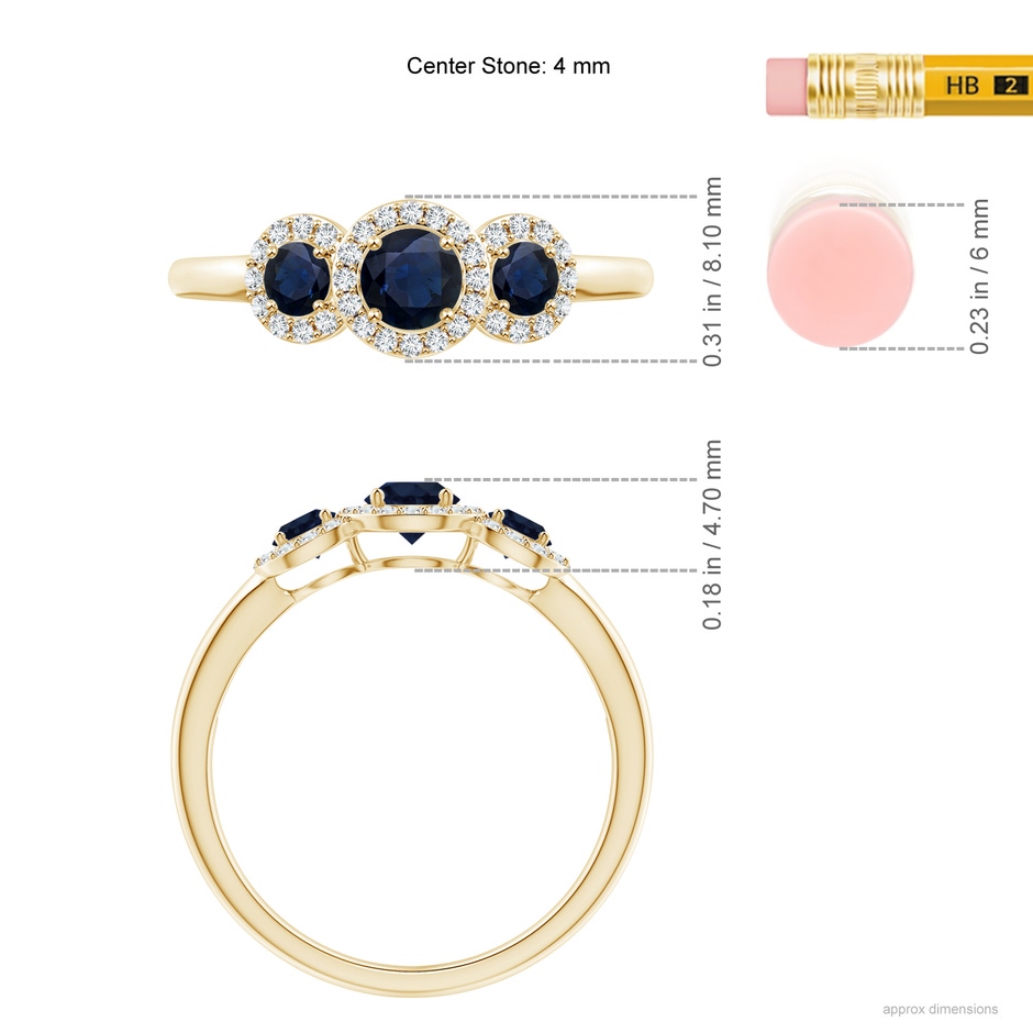 4mm A Round Sapphire Three Stone Halo Ring with Diamonds in Yellow Gold ruler