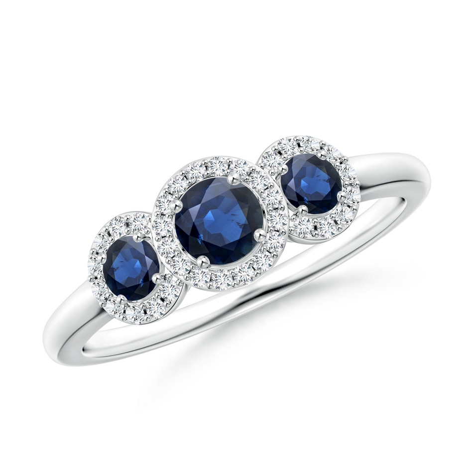 4mm AA Round Sapphire Three Stone Halo Ring with Diamonds in P950 Platinum 