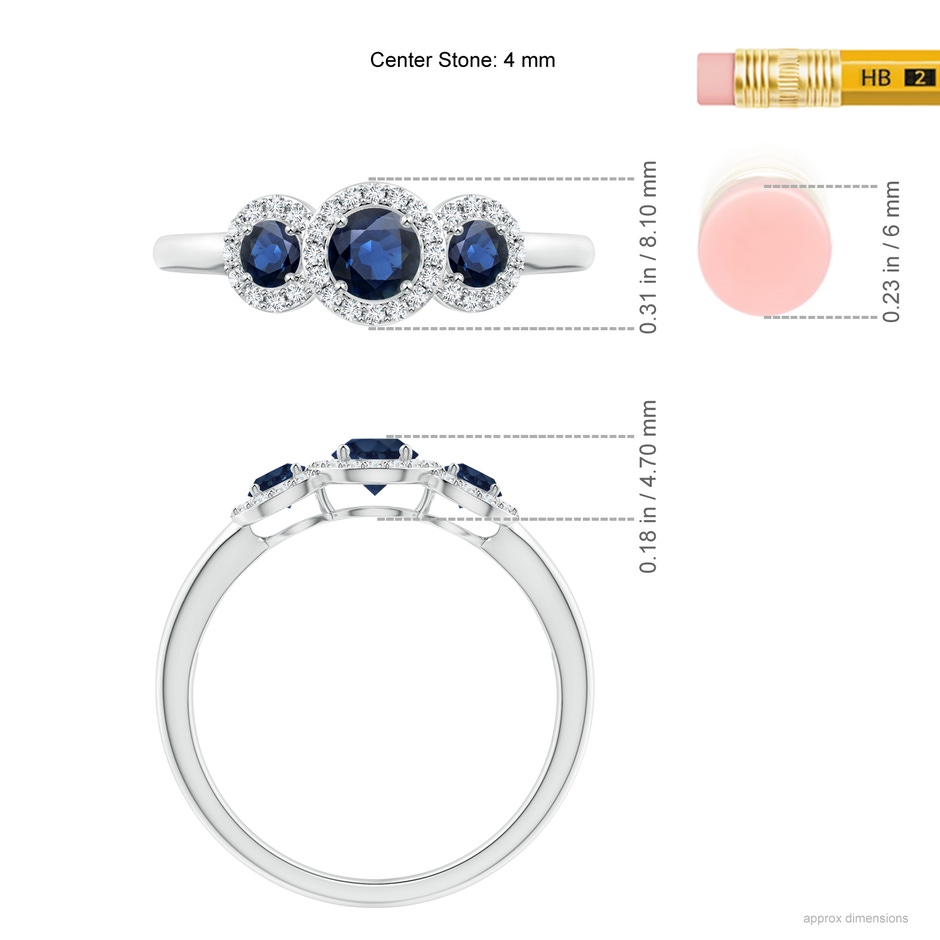 4mm AA Round Sapphire Three Stone Halo Ring with Diamonds in P950 Platinum ruler