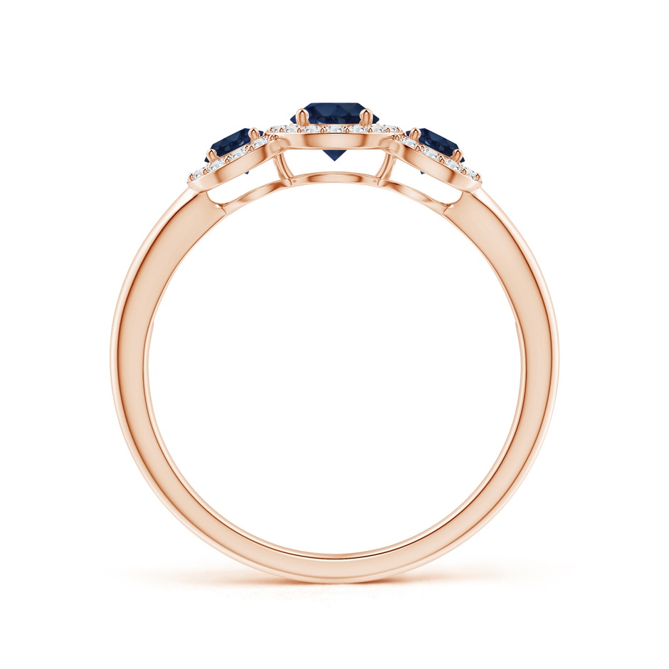 4mm AA Round Sapphire Three Stone Halo Ring with Diamonds in Rose Gold side-1