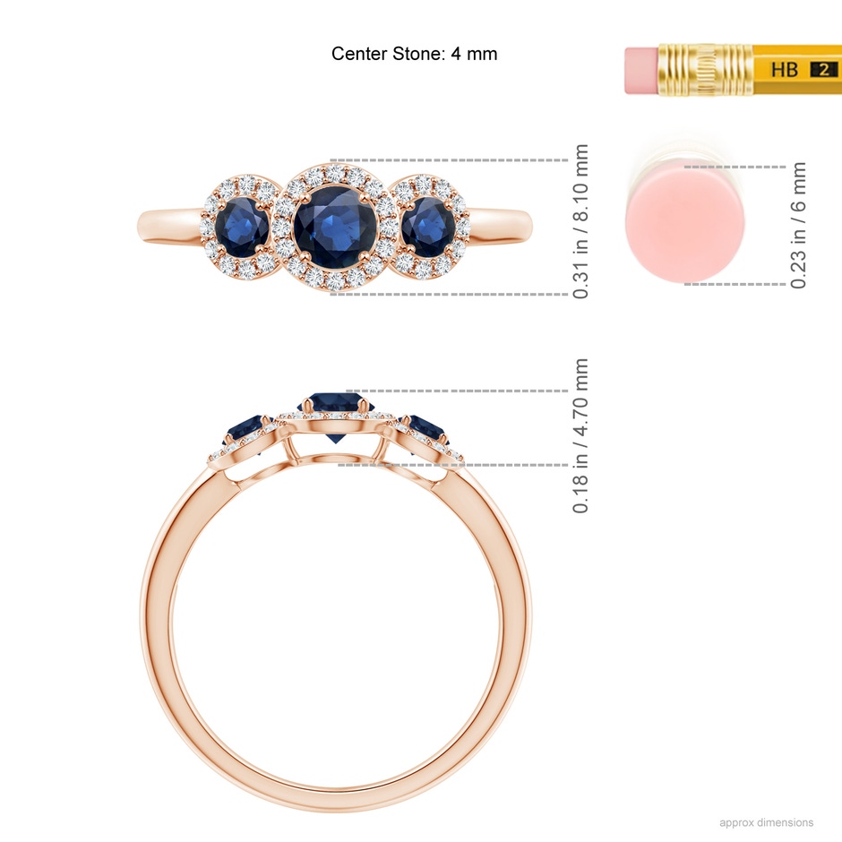 4mm AA Round Sapphire Three Stone Halo Ring with Diamonds in Rose Gold ruler