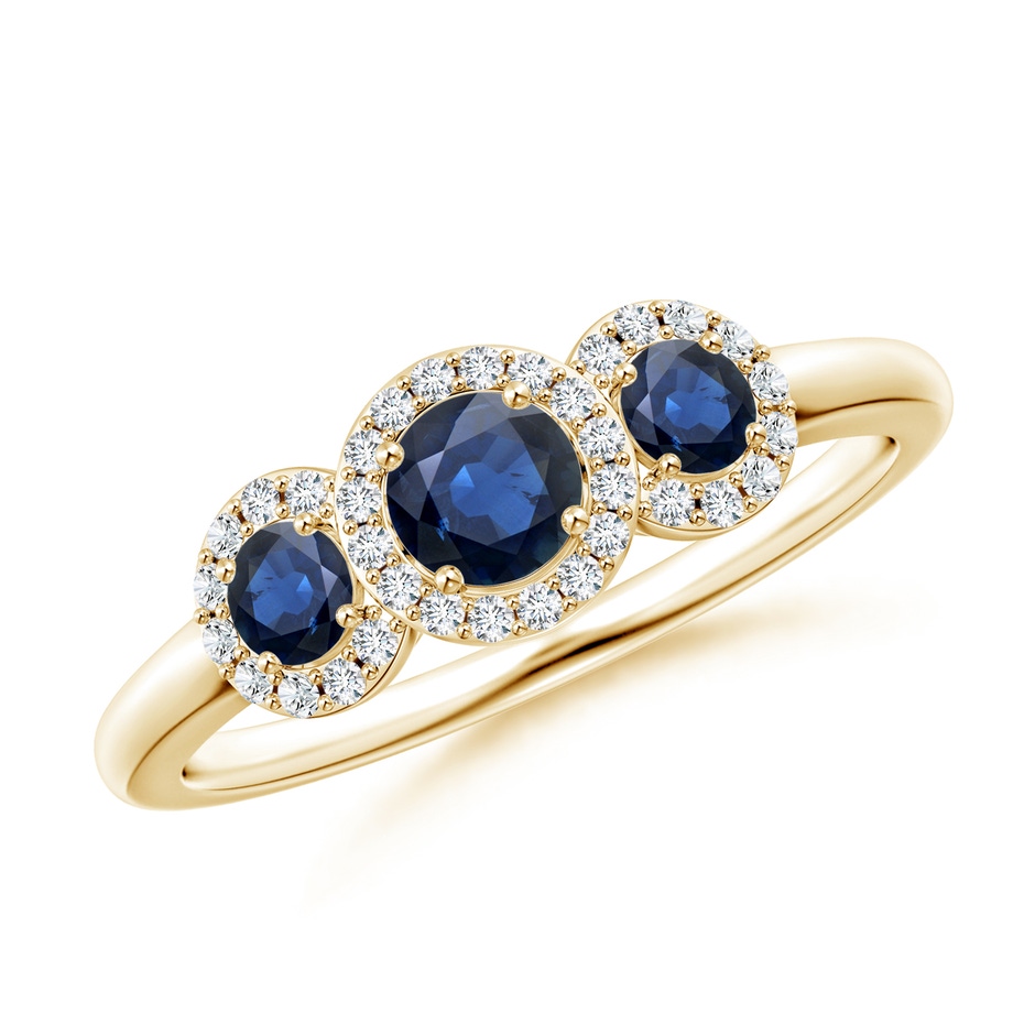4mm AA Round Sapphire Three Stone Halo Ring with Diamonds in Yellow Gold 