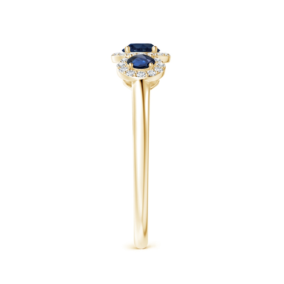 4mm AA Round Sapphire Three Stone Halo Ring with Diamonds in Yellow Gold side-2