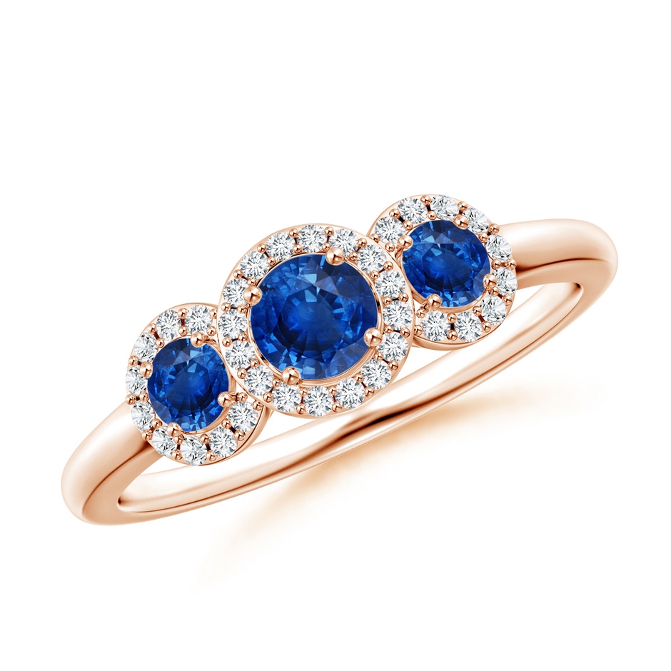4mm AAA Round Sapphire Three Stone Halo Ring with Diamonds in Rose Gold 