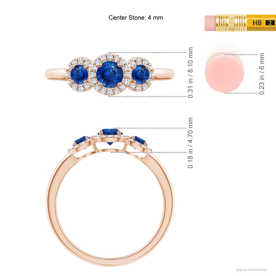 4mm AAA Round Sapphire Three Stone Halo Ring with Diamonds in Rose Gold ruler