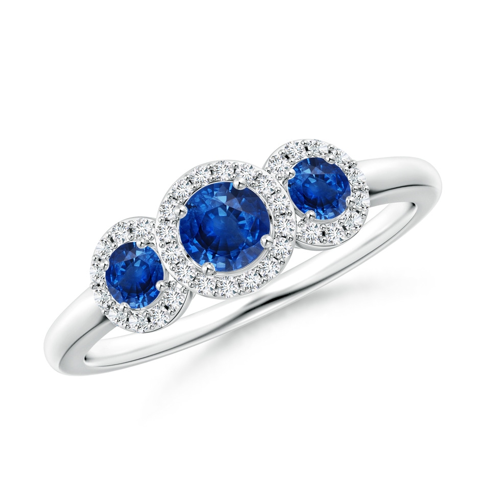 4mm AAA Round Sapphire Three Stone Halo Ring with Diamonds in White Gold 