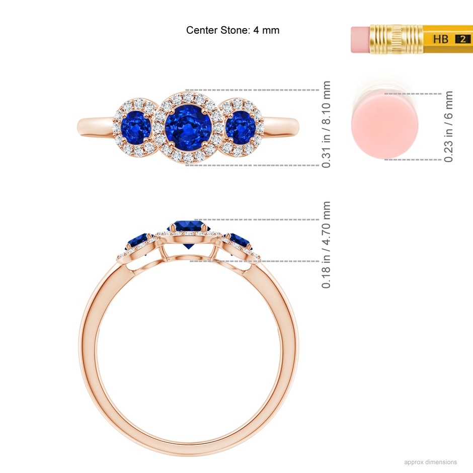 4mm AAAA Round Sapphire Three Stone Halo Ring with Diamonds in Rose Gold ruler