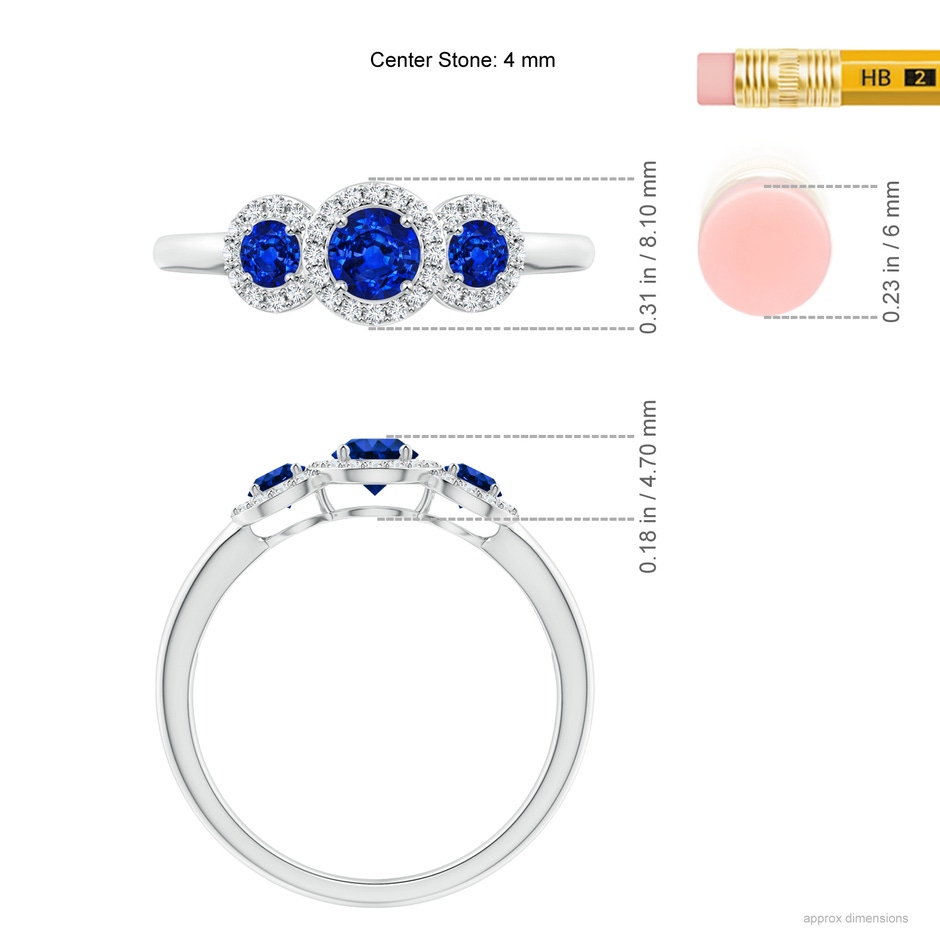 4mm AAAA Round Sapphire Three Stone Halo Ring with Diamonds in White Gold ruler