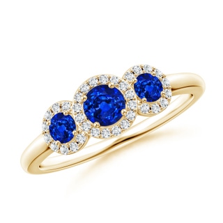 4mm AAAA Round Sapphire Three Stone Halo Ring with Diamonds in Yellow Gold