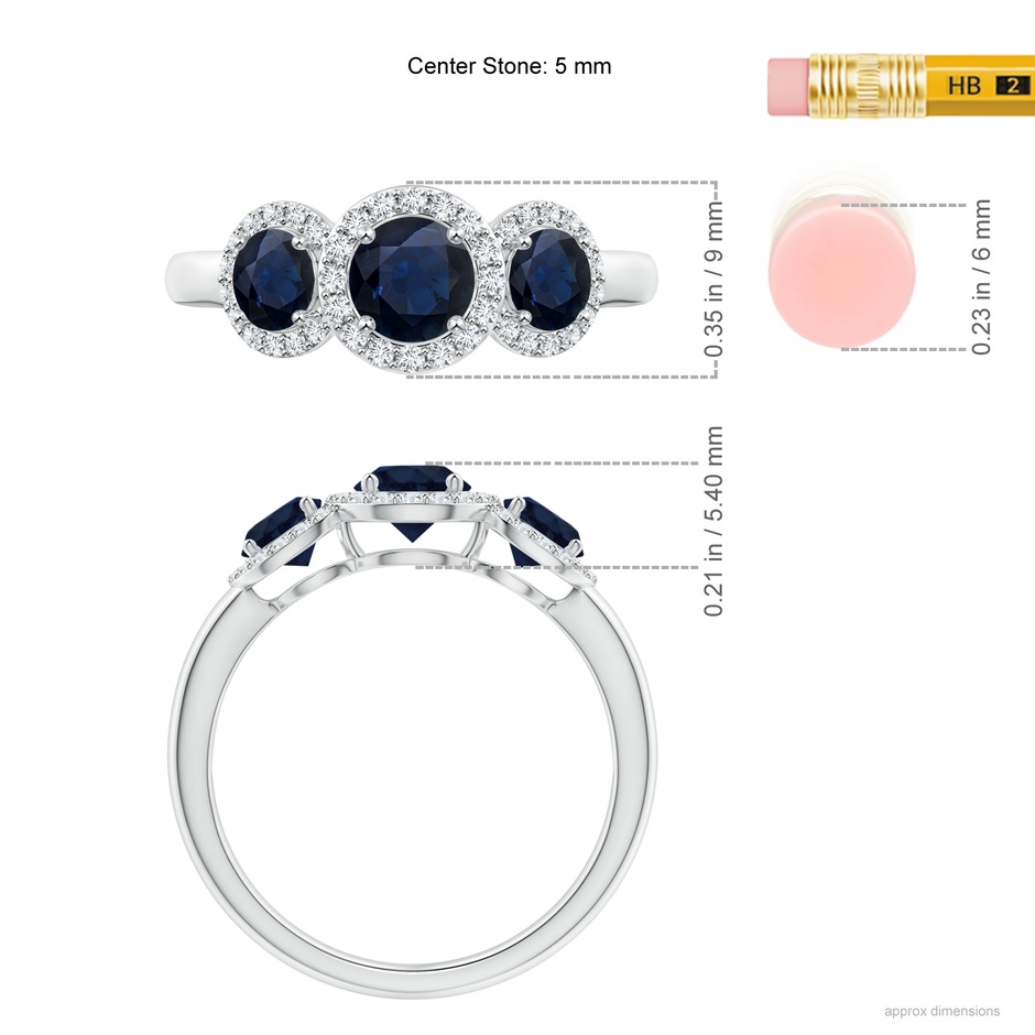 5mm A Round Sapphire Three Stone Halo Ring with Diamonds in White Gold ruler