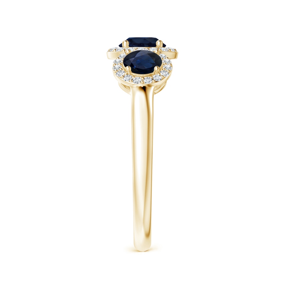 5mm A Round Sapphire Three Stone Halo Ring with Diamonds in Yellow Gold side-2