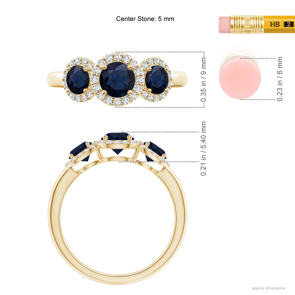 5mm A Round Sapphire Three Stone Halo Ring with Diamonds in Yellow Gold ruler