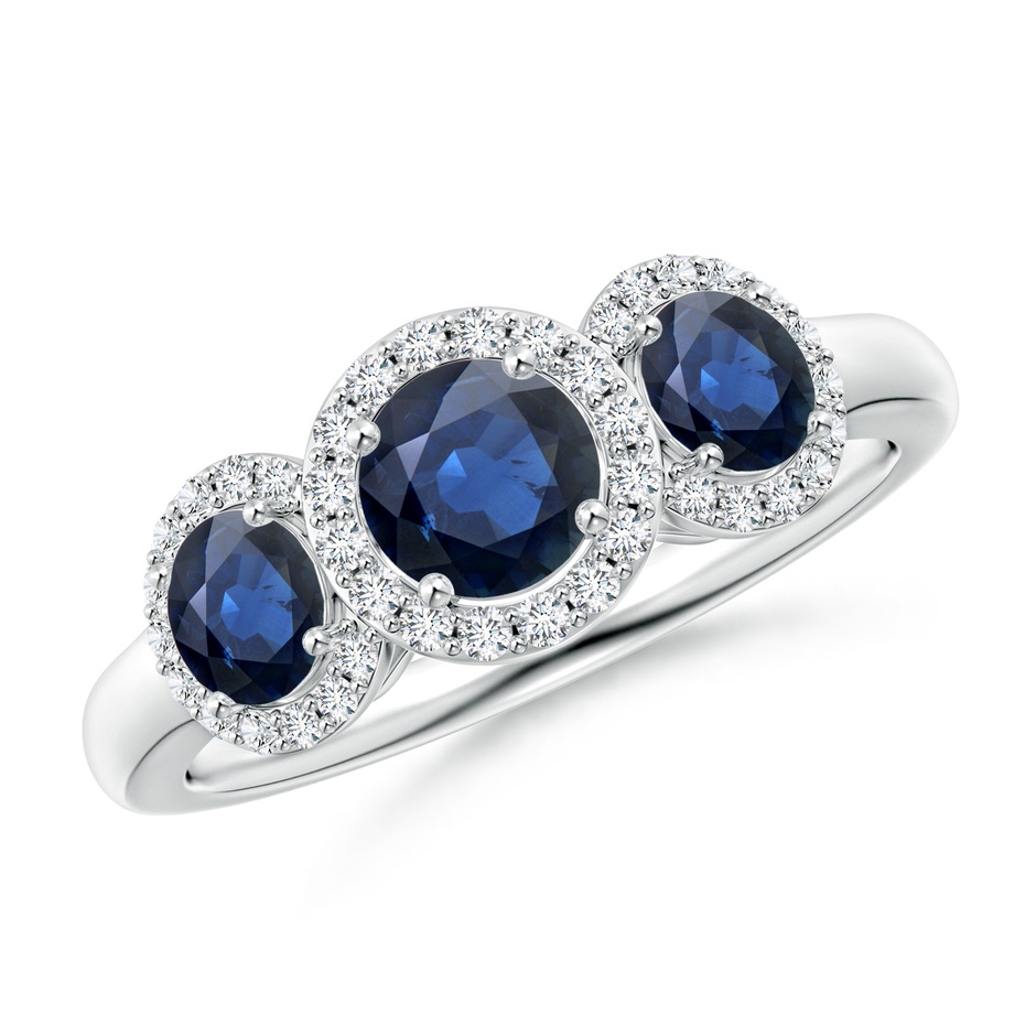 5mm AA Round Sapphire Three Stone Halo Ring with Diamonds in P950 Platinum 