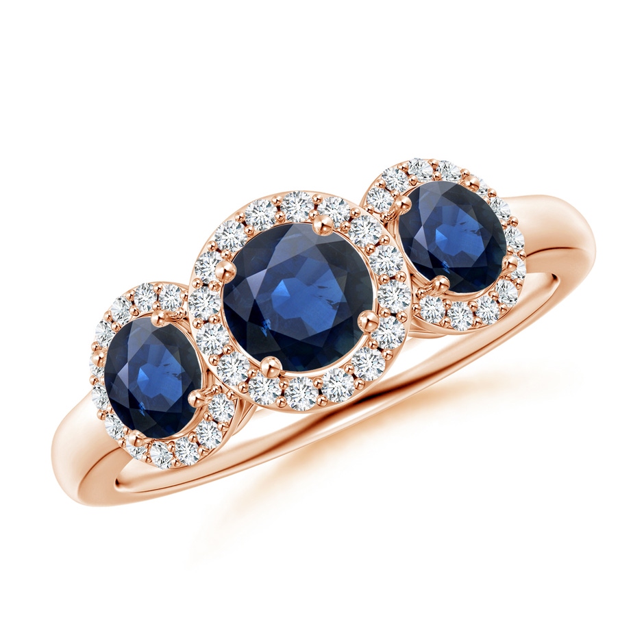 5mm AA Round Sapphire Three Stone Halo Ring with Diamonds in Rose Gold 