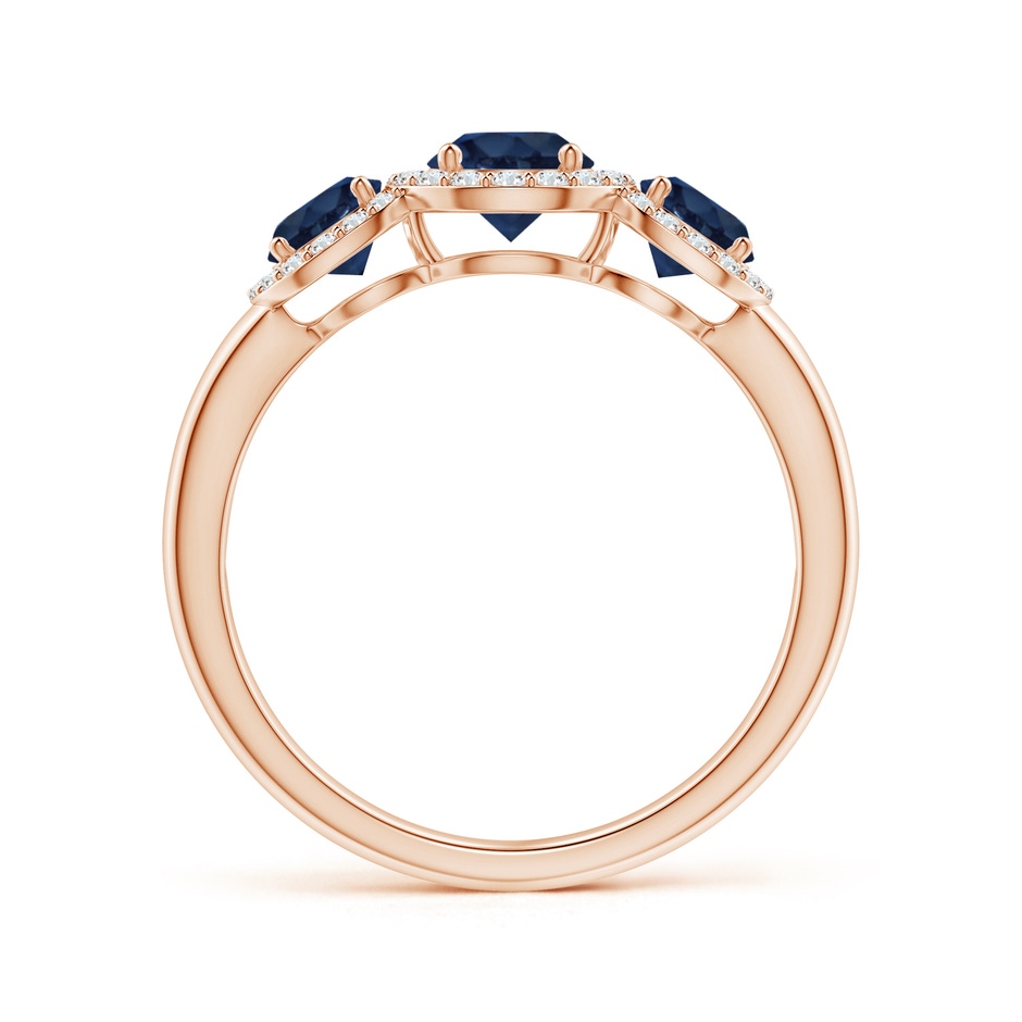 5mm AA Round Sapphire Three Stone Halo Ring with Diamonds in Rose Gold side-1