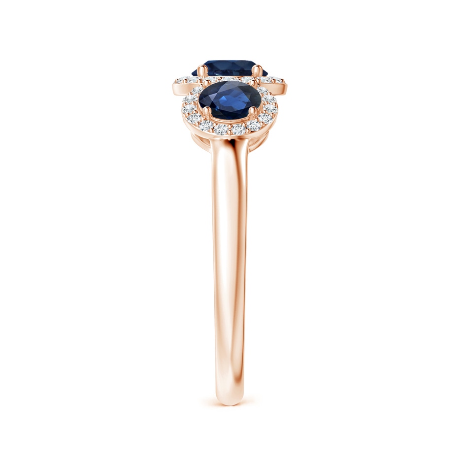 5mm AA Round Sapphire Three Stone Halo Ring with Diamonds in Rose Gold side-2