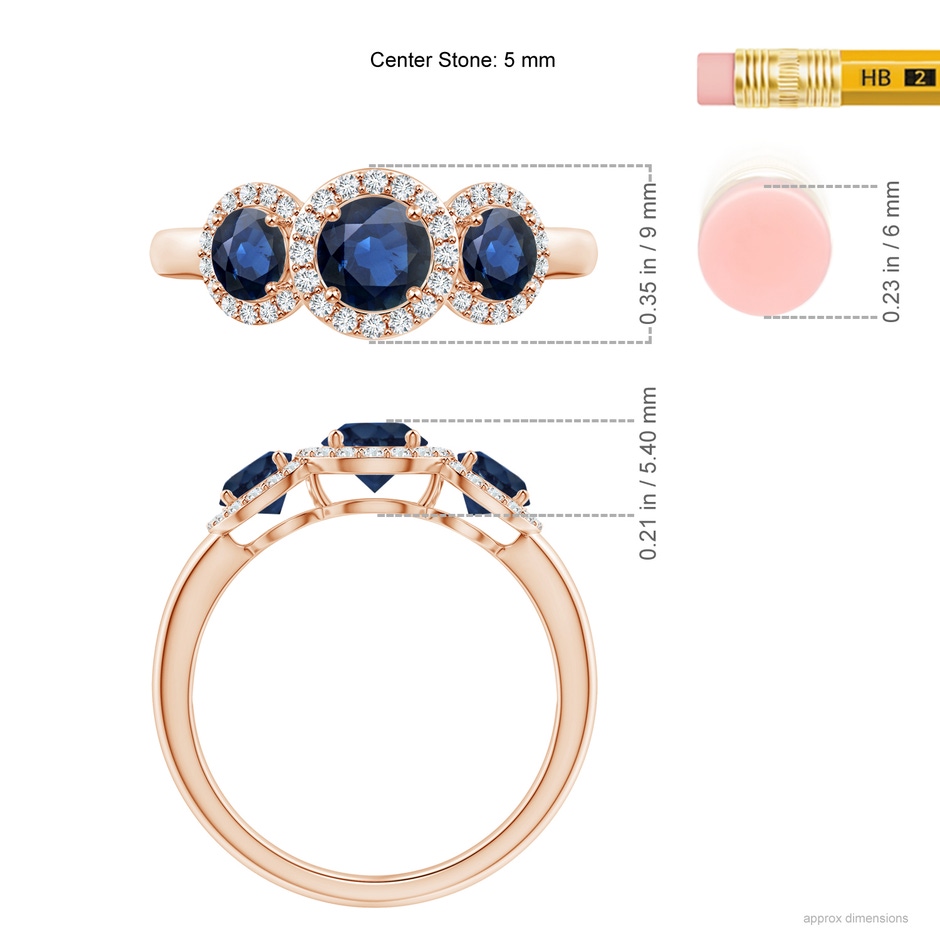 5mm AA Round Sapphire Three Stone Halo Ring with Diamonds in Rose Gold ruler