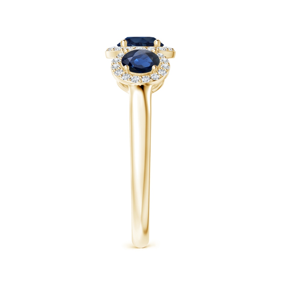 5mm AA Round Sapphire Three Stone Halo Ring with Diamonds in Yellow Gold side-2