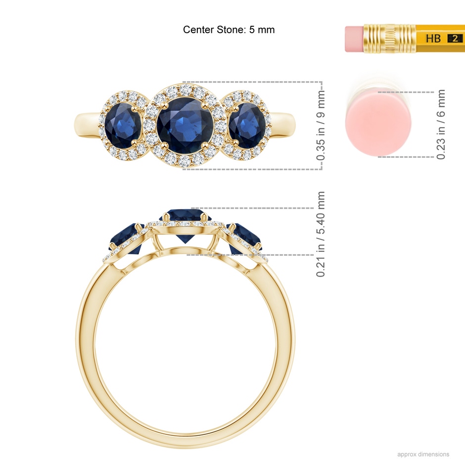 5mm AA Round Sapphire Three Stone Halo Ring with Diamonds in Yellow Gold ruler