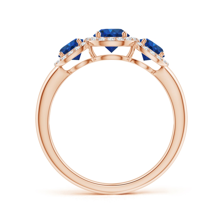 5mm AAA Round Sapphire Three Stone Halo Ring with Diamonds in Rose Gold side-1