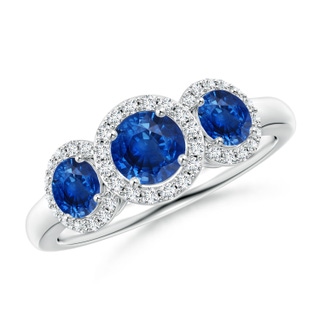 5mm AAA Round Sapphire Three Stone Halo Ring with Diamonds in White Gold