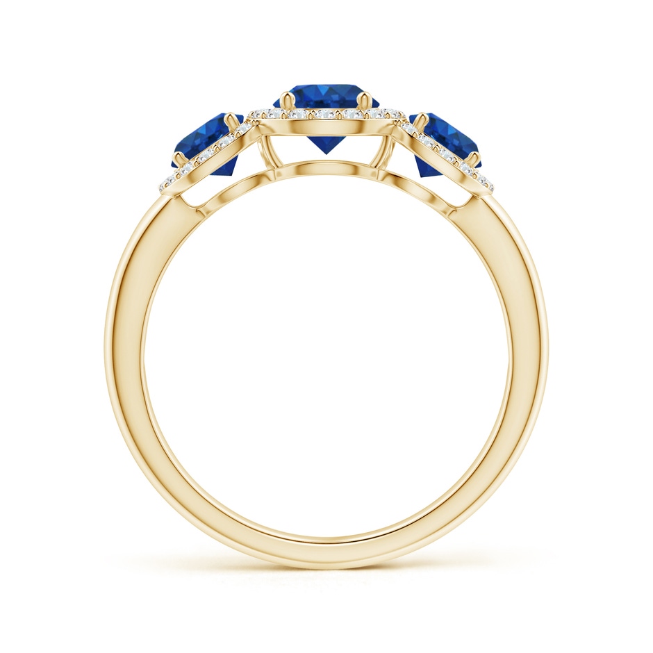 5mm AAA Round Sapphire Three Stone Halo Ring with Diamonds in Yellow Gold side-1