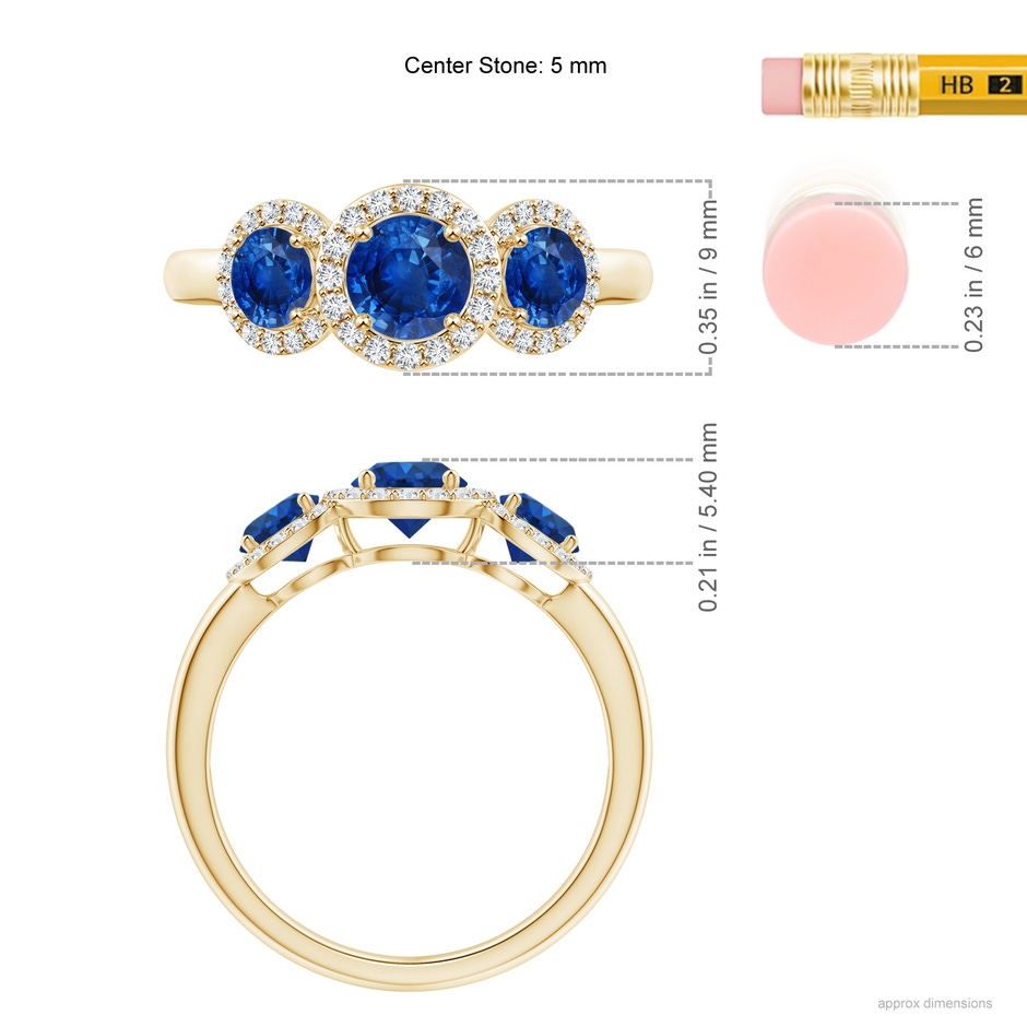 5mm AAA Round Sapphire Three Stone Halo Ring with Diamonds in Yellow Gold ruler