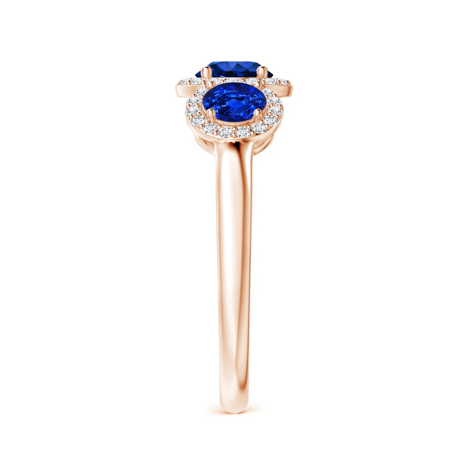 5mm AAAA Round Sapphire Three Stone Halo Ring with Diamonds in Rose Gold side-2