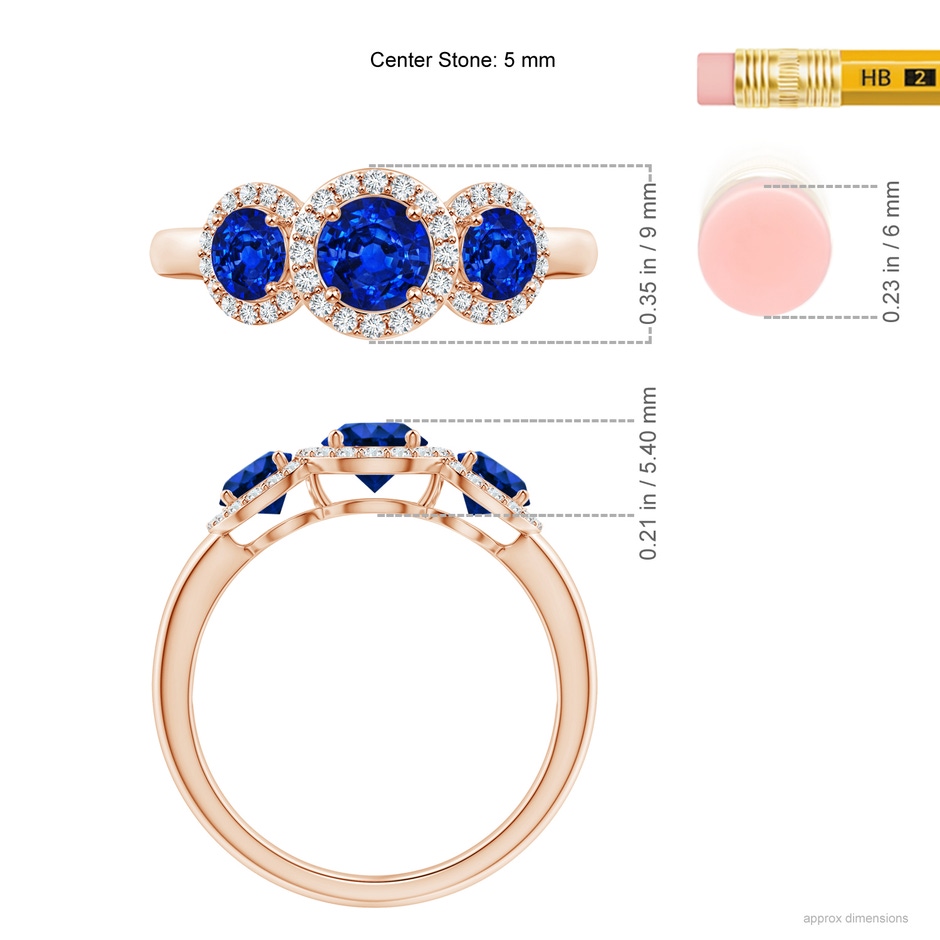 5mm AAAA Round Sapphire Three Stone Halo Ring with Diamonds in Rose Gold ruler
