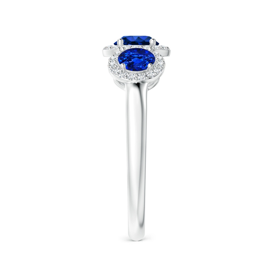 5mm AAAA Round Sapphire Three Stone Halo Ring with Diamonds in White Gold side-2