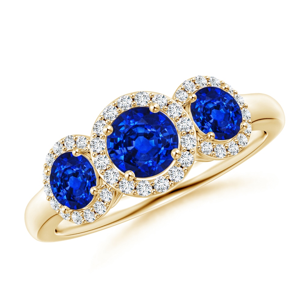 5mm AAAA Round Sapphire Three Stone Halo Ring with Diamonds in Yellow Gold