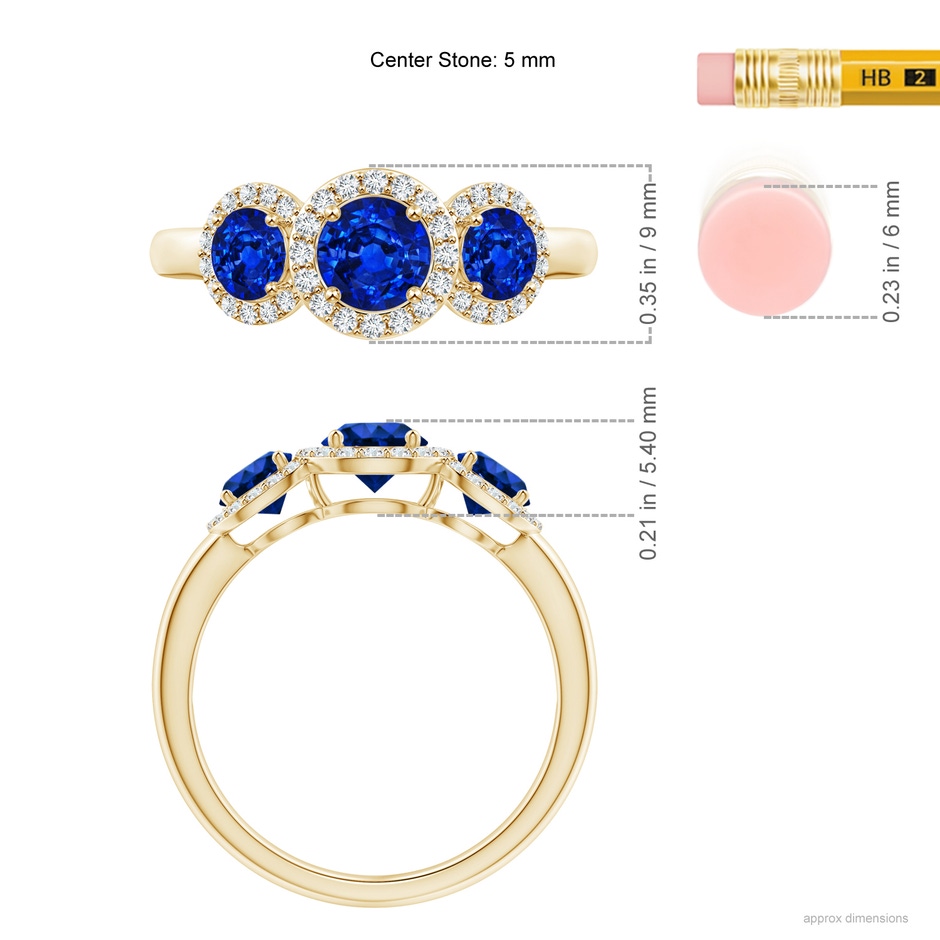 5mm AAAA Round Sapphire Three Stone Halo Ring with Diamonds in Yellow Gold ruler