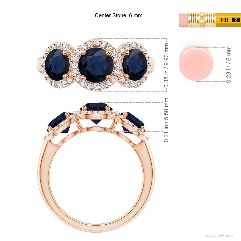 6mm A Round Sapphire Three Stone Halo Ring with Diamonds in Rose Gold ruler